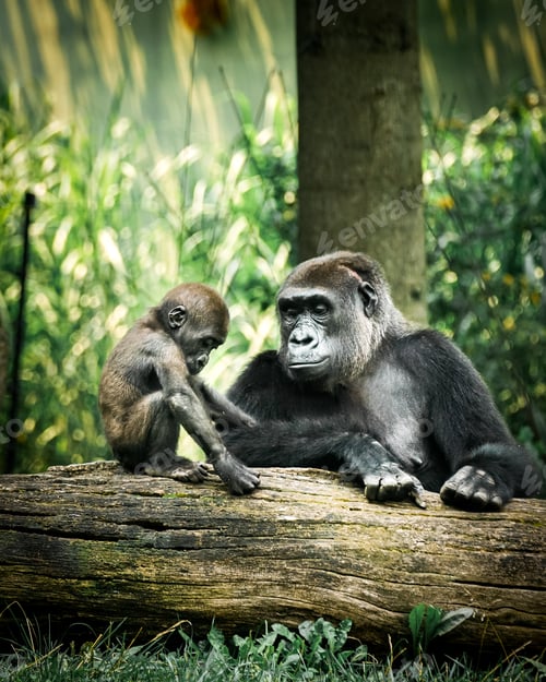 Preview: Selective focus shot of a gorilla with a baby