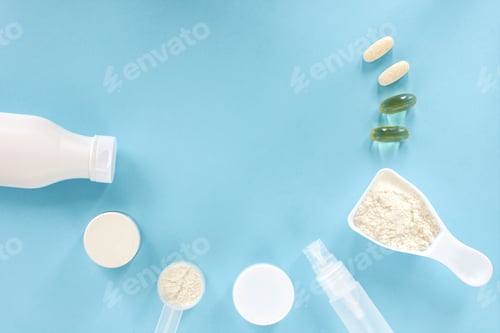 Preview: collagen mockup. fish collagen powder, serum, cream and capsules.