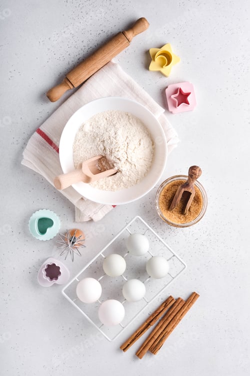 Preview: Ingredients for cooking homemade baking. Baking background with flour, eggs, kitchen tools, utensils