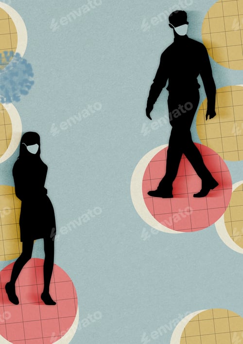 Preview: People wearing face masks and having social distancing in public background illustration