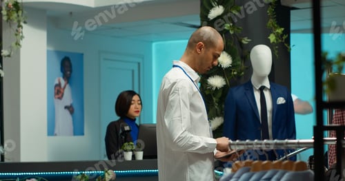 Preview: Male retail assistant organizing quality clothes on display in a store