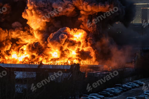 Preview: Orange smoke from flames or fires of warehouses and industrial building at night. Defective wiring