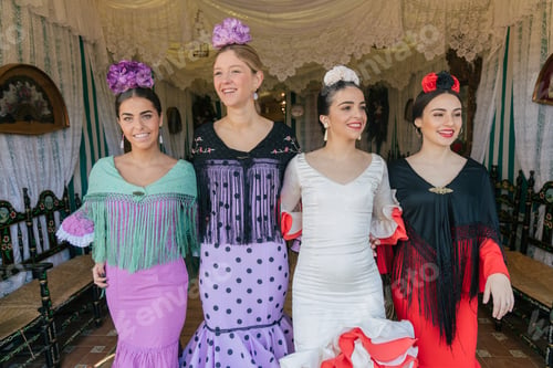 Preview: Cheerful women in traditional dresses standing in decorated hall