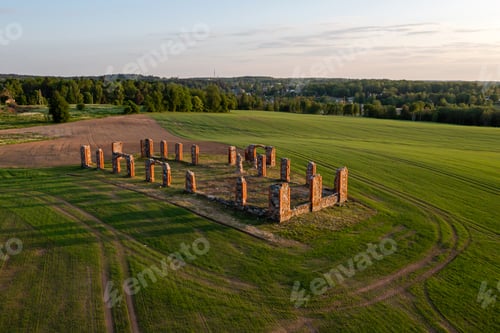 Preview: Ruins of an ancient building that looks like Stonehenge, drone view, Smiltene, Latvia