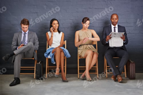 Preview: Whos next. Full length shot of four people sitting on chairs in line for an interview.