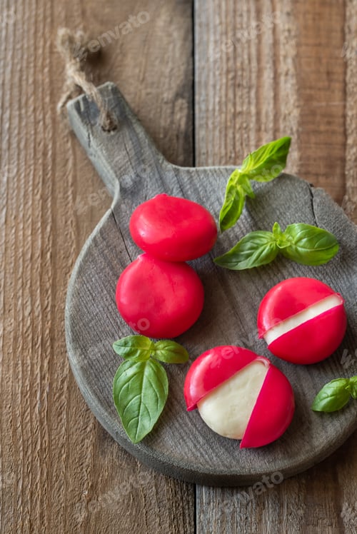 Preview: Small snack cheeses on the wooden board