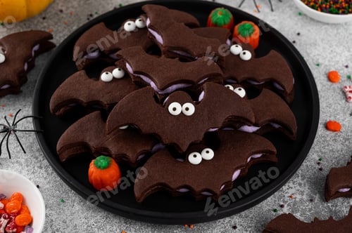 Preview: Halloween cookies. Chocolate sandwich cookies in the shape of a bat with eyes and butter cream