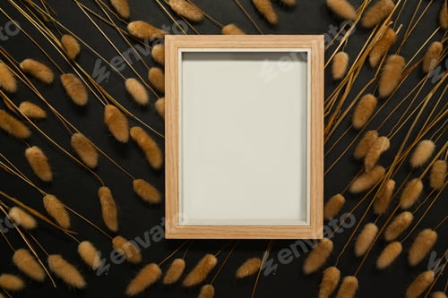 Preview: Empty wooden picture frame surrounded by dried fluffy bunny tails grass on black background.
