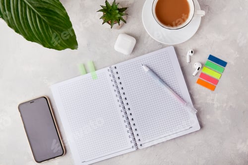 Preview: Stationery flat lay - Modern Office Setup with Blank Notebook - audio earphones, phone mock up