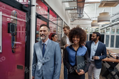 Preview: Group of multiethnic business people crossing office together