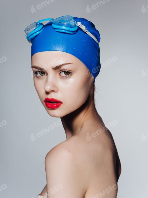 Preview: sportive woman red lips swimming workout professional