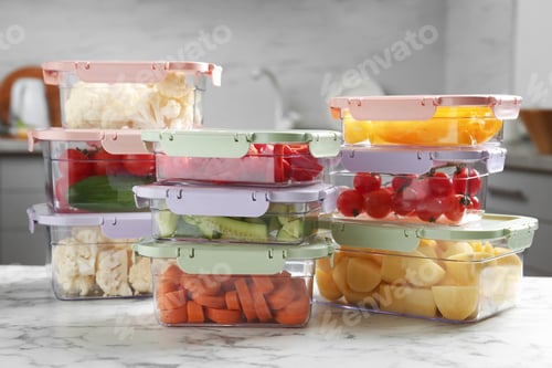 Preview: Boxes with fresh raw vegetables on table in kitchen