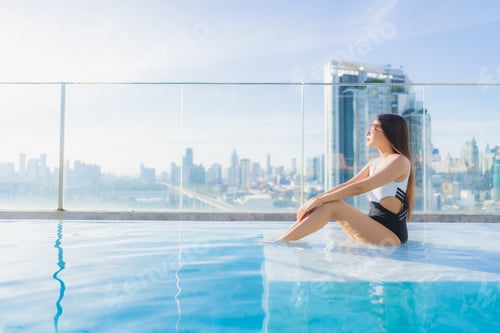 Preview: Portrait beautiful young asian woman relax leisure around swimming pool