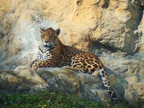 Preview: A jaguar relaxes on a rock during the day