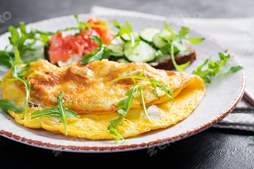 Preview: Omelette with cheese and sandwiches with salmon and cucumber