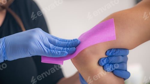 Preview: Expertise as a skilled beautician removes unwanted hair from a female leg using wax strips,