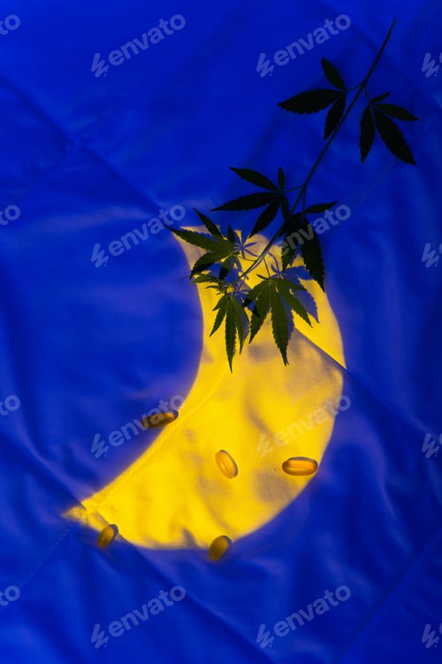 Preview: Night background with moonlight, hemp cannabis branch, capsules for insomnia