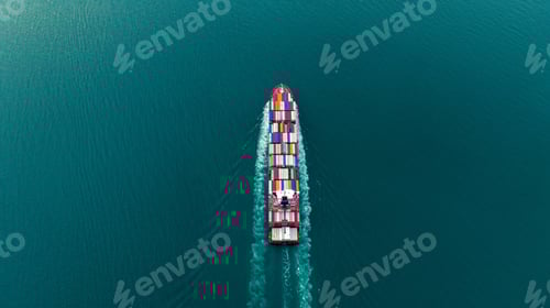 Preview: Aerial top view of cargo maritime ship with contrail in the ocean ship carrying container