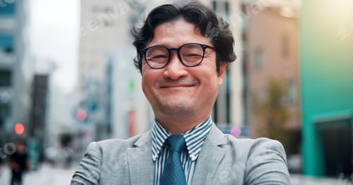 Preview: Business, happy and portrait of Asian man in city for morning commute, travel and journey. Professi