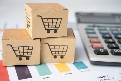 Preview: Shopping cart logo on box with calculator on graph background. Banking Account, Investment