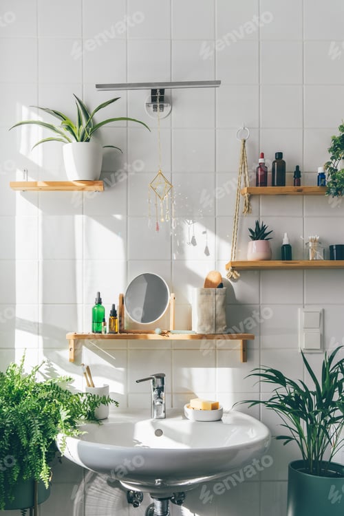 Preview: White eco friendly tile wall in modern bathroom