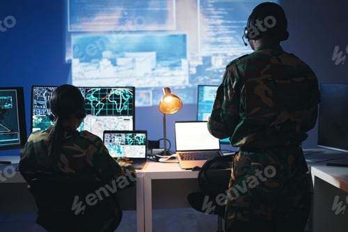 Preview: Control room, military and people on computer for surveillance, tracking operation and national sec