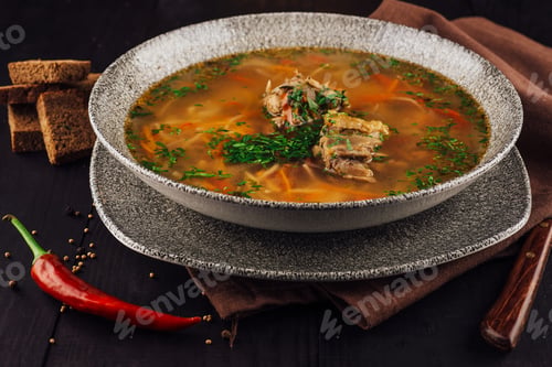 Preview: Bowl of chicken soup with vegetables and herbs sitting on rustic table