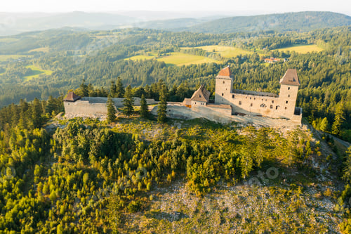Preview: Aerial view of medieval Kasperk castle in a sunny day in South Bohemia, Sumava, Czech Republic