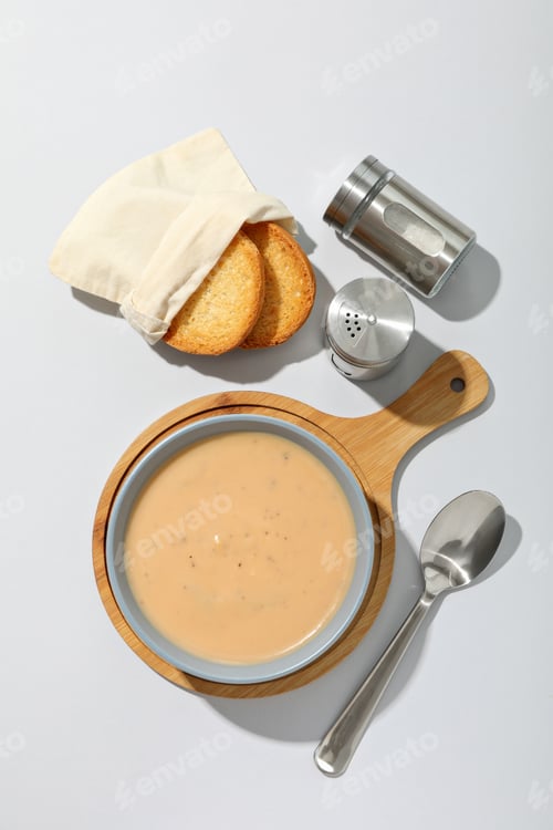 Preview: A bowl of cream of mushroom soup with croutons