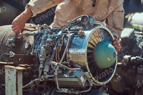 Preview: Mechanic in uniform repairing the dismantled airplane turbine in an open-air museum.