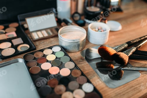 Preview: Collection of cosmetology tools on wooden table