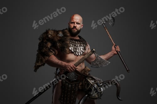 Preview: Viking man in a beard and bald head against a gray background
