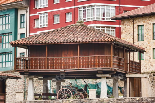 Preview: Traditional granary wooden building, horreo, in Asturias, Las Arenas. Spain