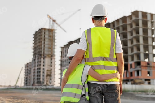 Preview: Father and son in protective helmets and vests look at the construction of a building at sunset.