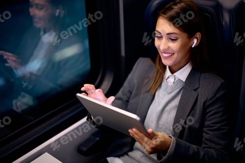 Preview: Young happy businesswoman surfing the net on touchpad in a train.