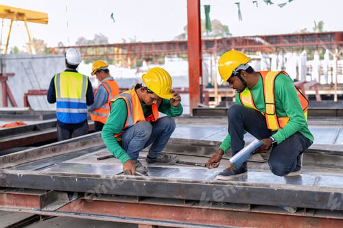 Preview: At construction site engineer check drawing correctness concrete mold before pouring concrete