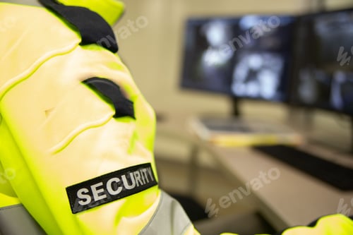 Preview: Security officer with a yellow jacket sitting at the office in front of the computer