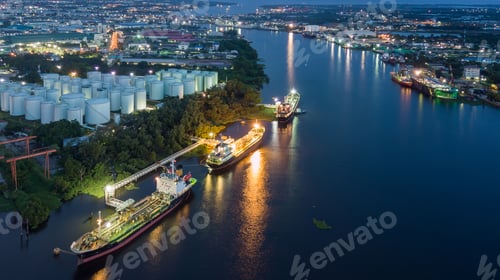 Preview: Aerial view oil storage tanks and tanker in river at night, Aerial view of oil storage tanks.