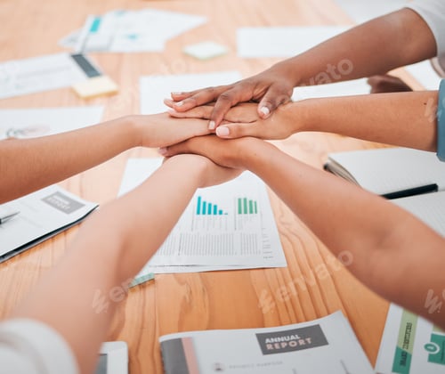Preview: Teamwork, collaboration and motivation by hands in support of finance success in team meeting about
