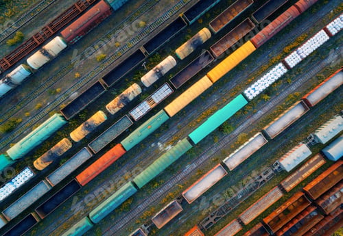 Preview: Aerial view of colorful freight trains