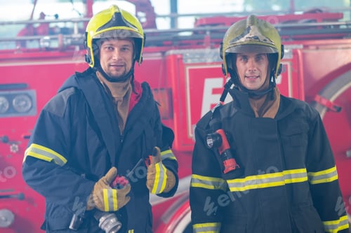 Preview: Two fireman or firefighters with safety uniform stand together in front of firetruck