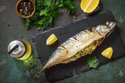 Preview: Grilled baked mackerel stuffed with cheese and egg on a stone countertop.