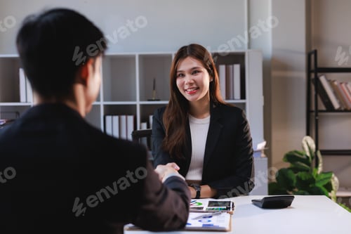 Preview: Businesswoman shaking hands with client after successful meeting