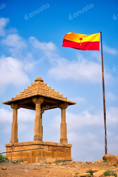 Preview: Jaisalmer flag near Bada Bagh cenotaphs Hindu tomb mausoleum . Jaisalmer, Rajasthan, India