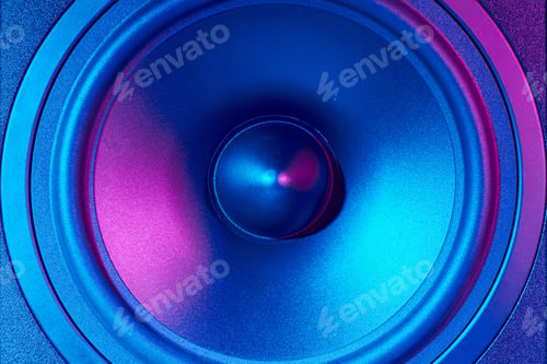 Preview: Sound audio speaker with neon lights. Dynamic monitor close up. Creative backgroound