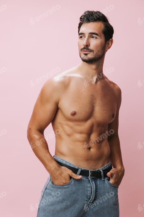 Preview: Muscle man muscular body sport sexy lifestyle torso background fitness naked pink