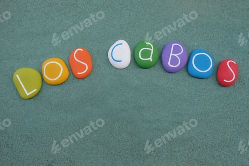 Preview: Los Cabos, South California, Mexico, souvenir with multi colored stones over green sand