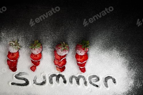 Preview: Sliced fresh strawberries powdered sugar on black backfround. Top view, frame. Copy space. Summer