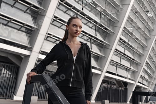 Preview: Sporty young woman is standing near stairs outdoors. Close-up