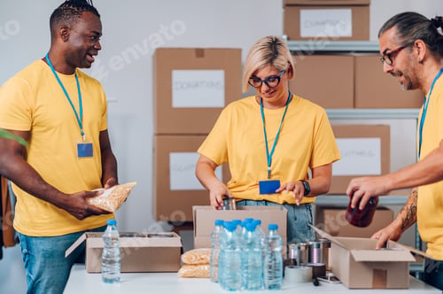 Preview: Group of multiracial volunteers working in community charity donation center